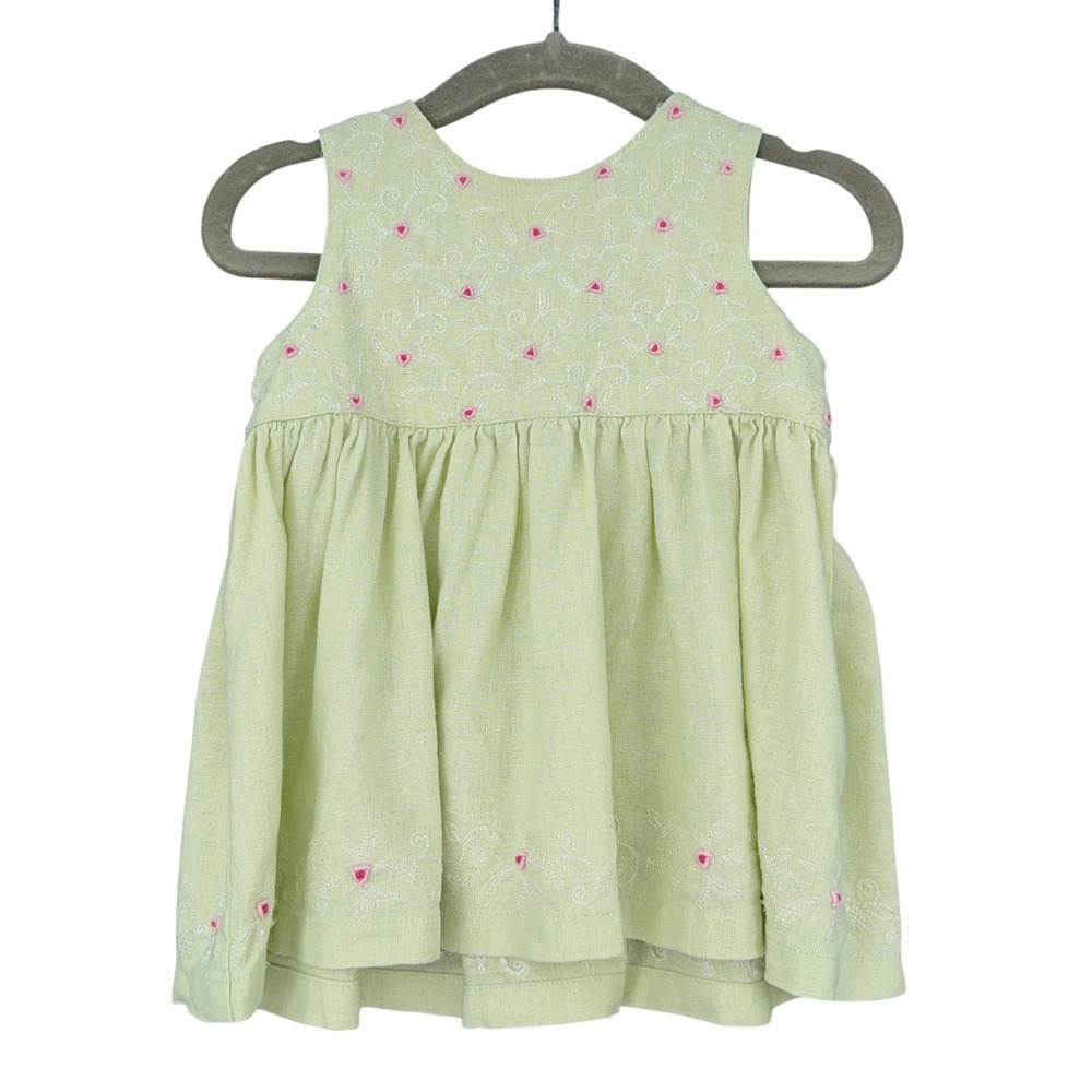 H&M Baby Girl Lime Green Linen‎ Blend Embroidered Dress 2-4 Months Floral Easter